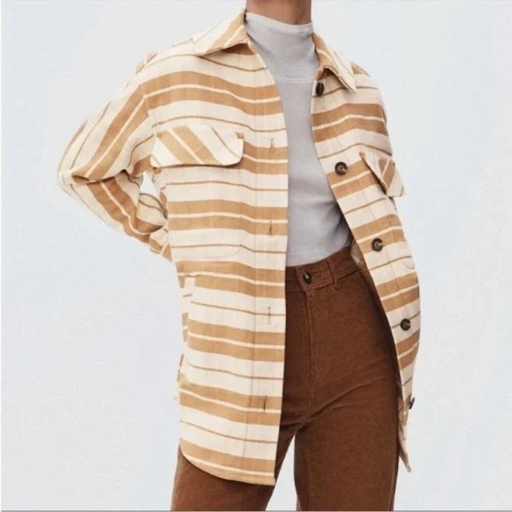 Everlane The Oversized Shirt Jacket Camel Plaid 100% Cotton Size XS